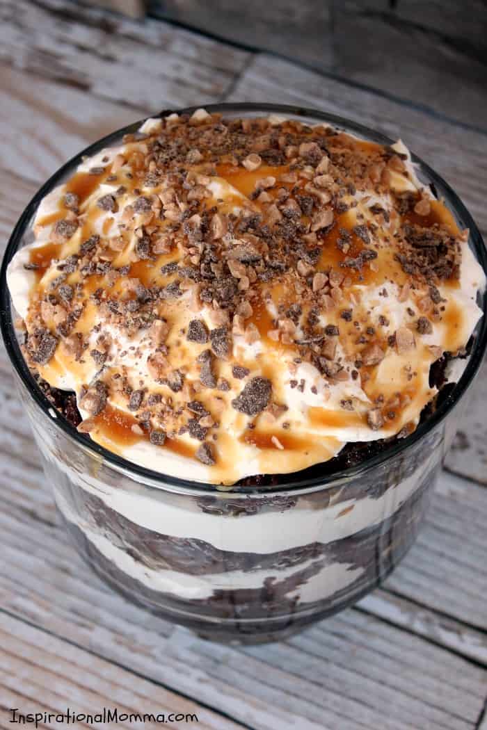 This Scoop of Heaven Trifle has rich Devil's Food cake, smooth whipped cream, sweet caramel, and crunchy toffee...the perfect dessert! Need I say more? #inspirationalmomma #trifle #chocolate #caramel #betterthansexcake #cake #dessert #desserts #heath #recipe