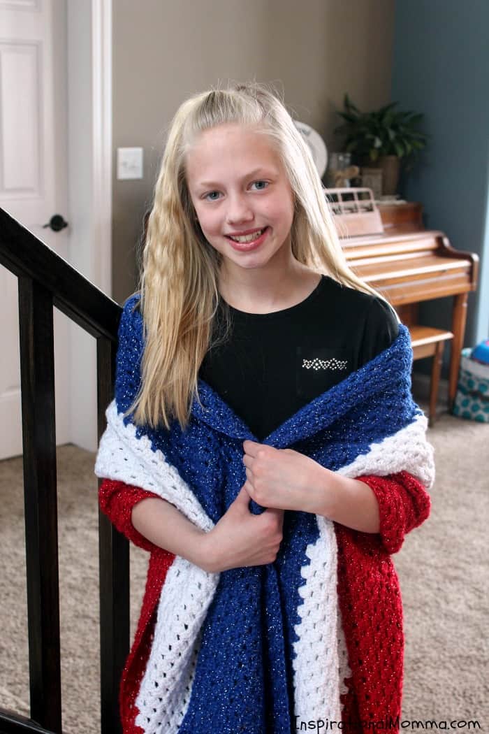 Show your patriotic pride with this beautiful American Crochet Shawl, a perfect project for developing crocheters.