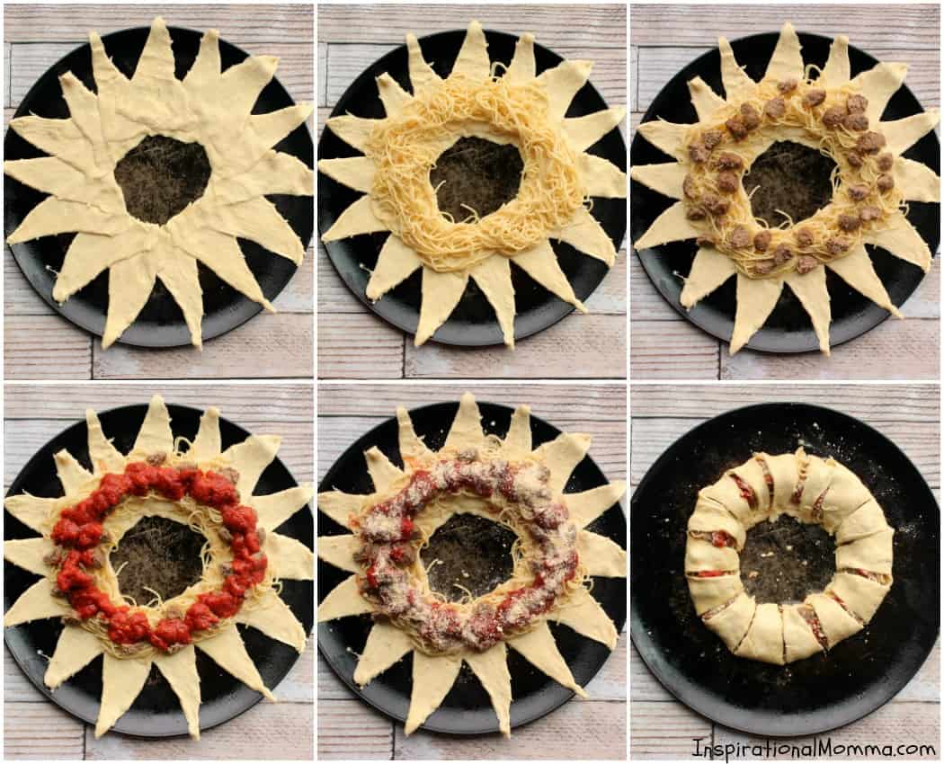 This Spaghetti & Meatball Garlic Crescent Ring is filled with noodles, meatballs, and flavorful Homestyle Ragu. #SimmeredinTradition #HomestyleSauces