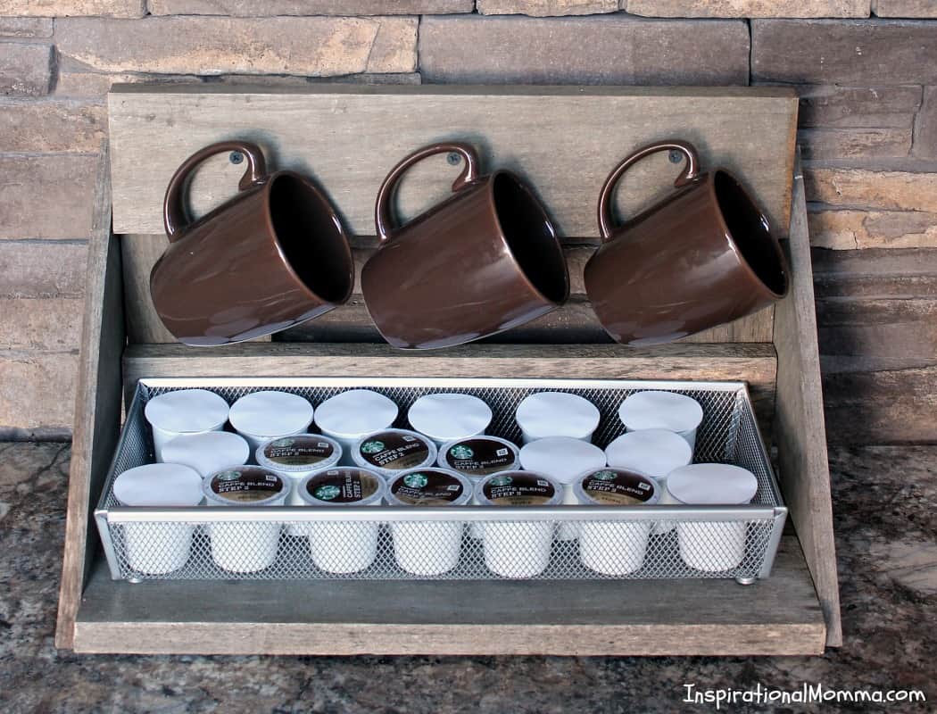 Make your own DIY Mug Rack with K-Cup Storage! A beautiful addition to your kitchen that serves a great purpose for all of us coffee lovers!