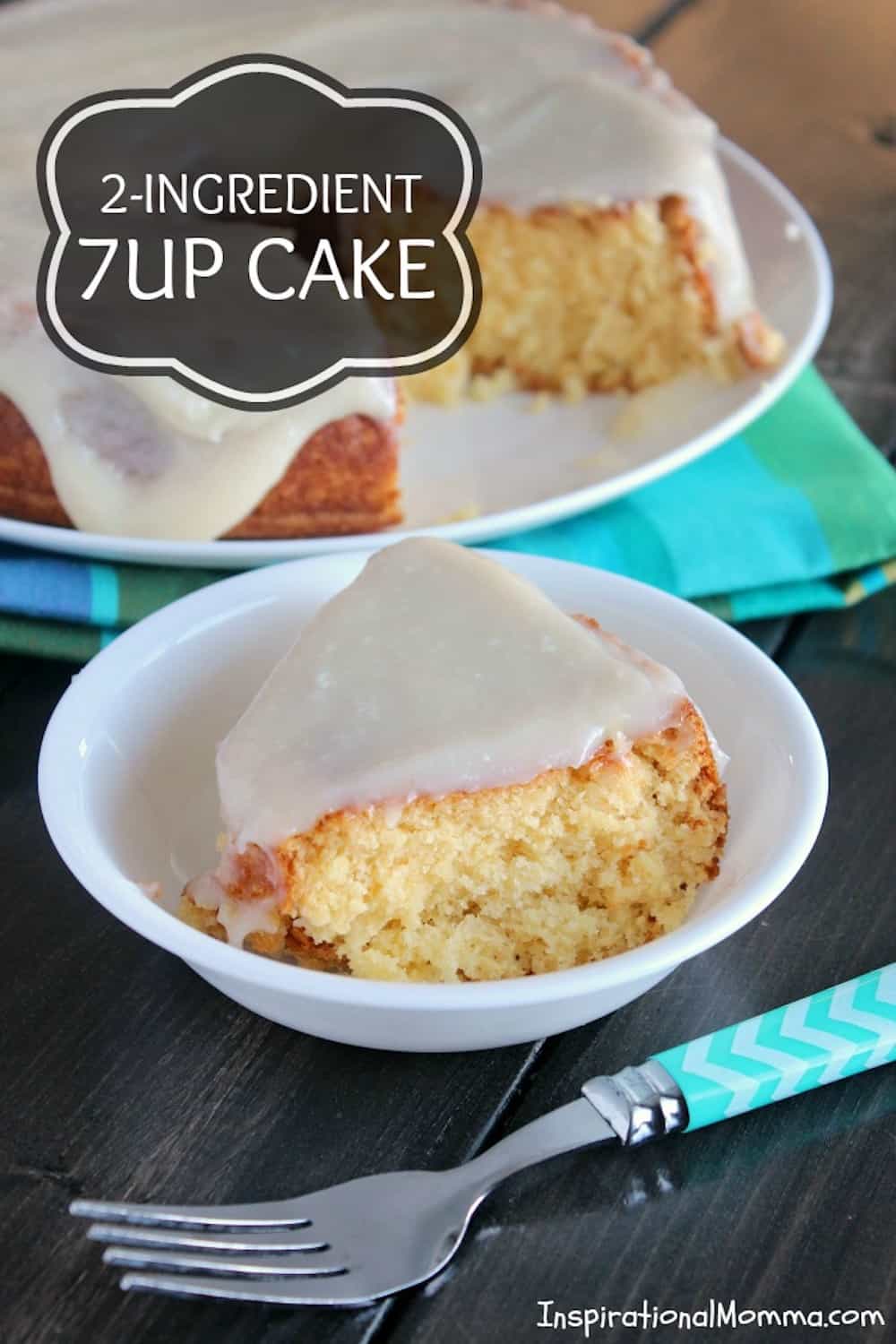 This 2-Ingredient 7UP Cake is easy and delicious! Then, topped with Cream Cheese 7UP Icing, it becomes irresistible! #JustAdd7UP #iinspirationalmomma #2ingredientcake #easycake #7up #dessert #desserts #recipe