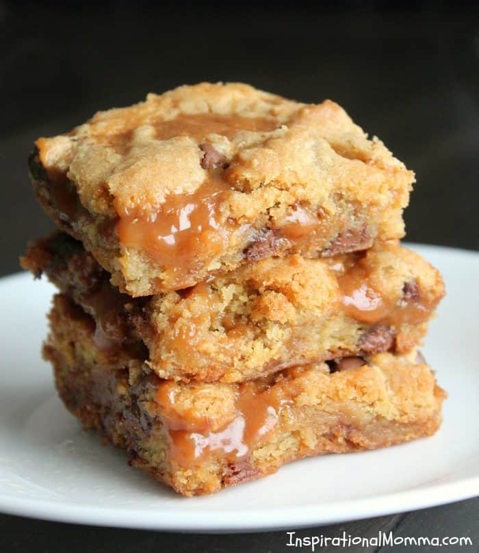 Caramel Chocolate Chip Cookie Bars - A sensational layer of ooey-gooey caramel sandwiched between soft, chewy chocolate chip cookies!