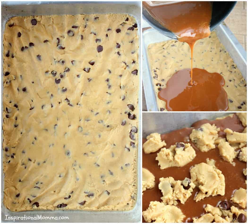Caramel Chocolate Chip Cookie Bars - A sensational layer of ooey-gooey caramel sandwiched between soft, chewy chocolate chip cookies!