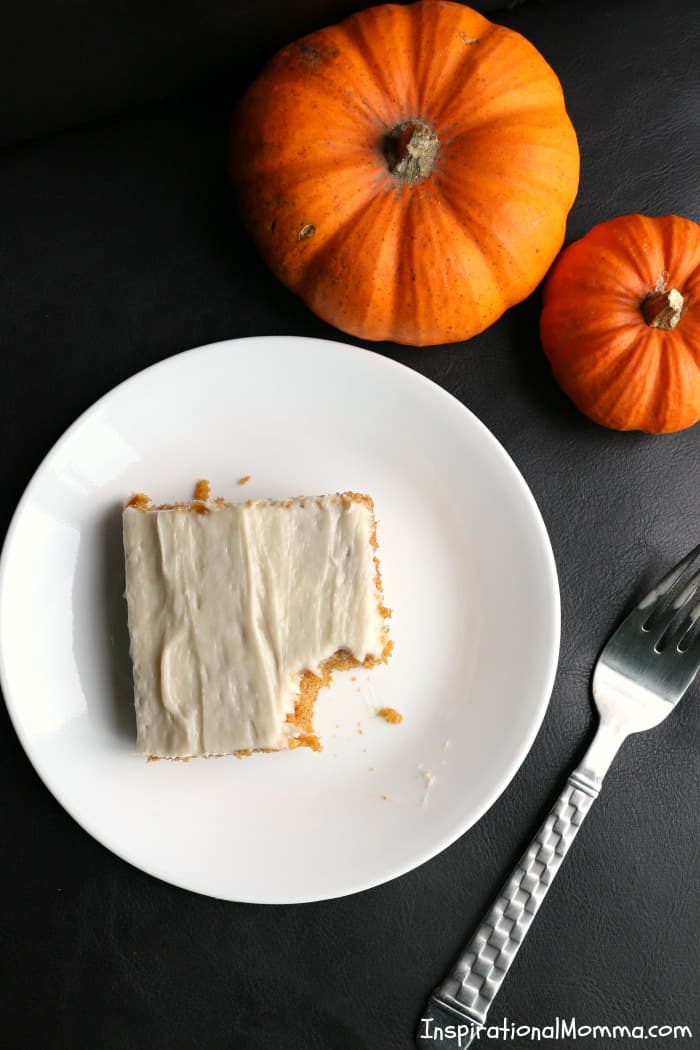 Easy & Delicious Pumpkin Bars are simple to make and even easier to enjoy! Moist bars covered in cream cheese frosting are perfect anytime of the year!