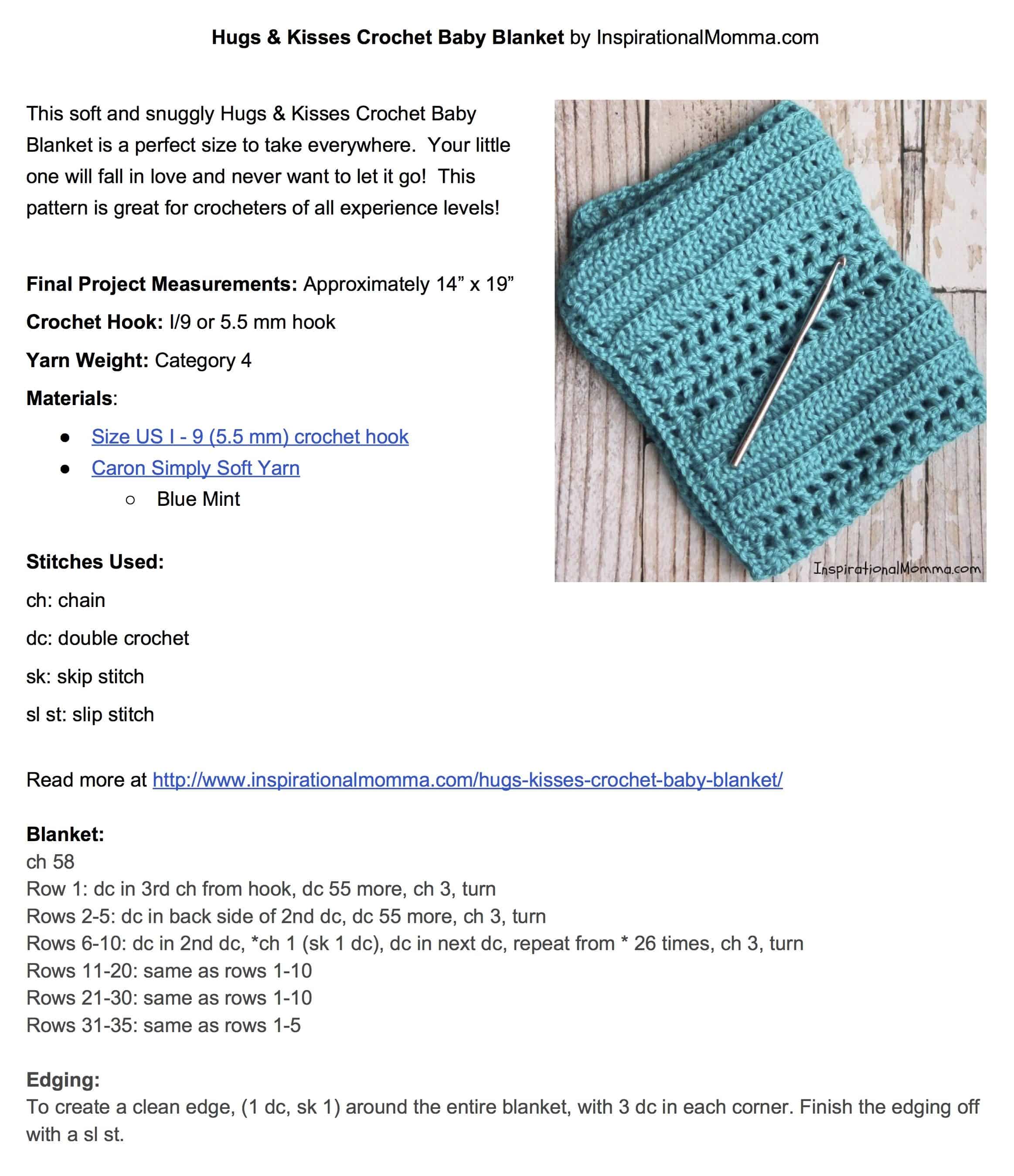 This soft and snuggly Hugs & Kisses Crochet Baby Blanket is a perfect size to take everywhere. Your little one will fall in love and never let it go!