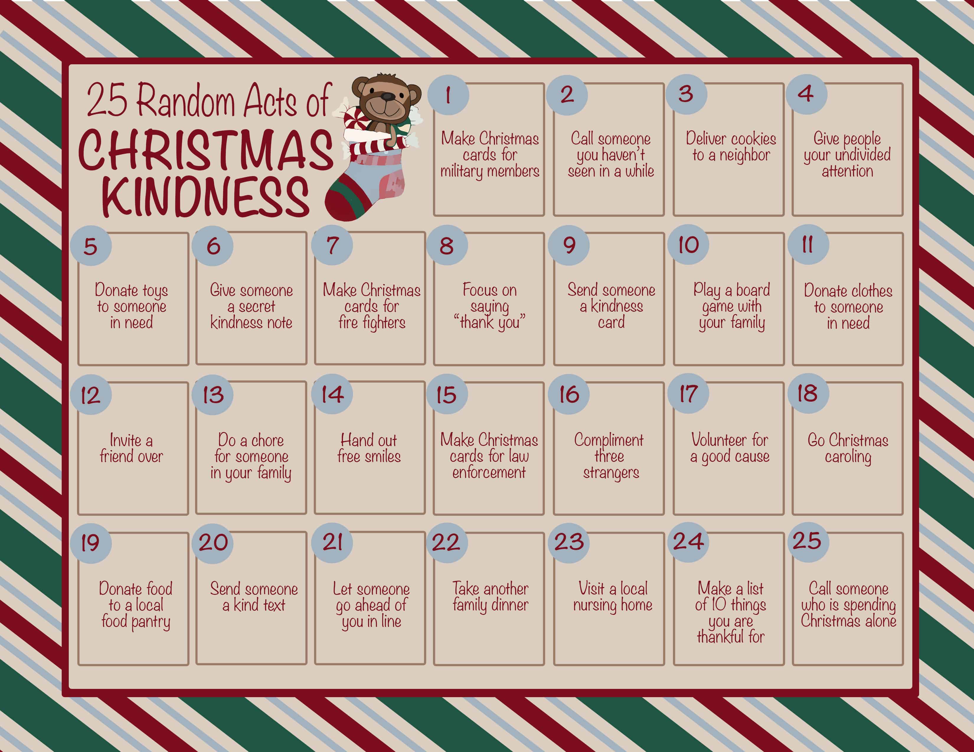 25 Random Acts of Christmas Kindness Calendar Printable - A free printable to help promote kindness this holiday season. Commit to one act of kindness each day, spreading love all around you! #InspirationalMomma #Kindness #FreePrintable #ChristmasCalendar #RandomActsOfKindness #Christmas #PrintableCalendar