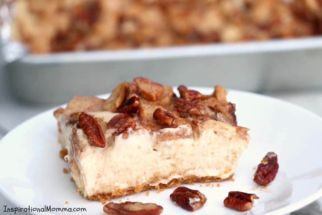 Homemade Apple Pecan Cheesecake is a decadent dessert that wll satisfy everyone's sweet tooth. Homemade, simple, and absolutely amazing! #inspirationalmomma #homemadeapplepecancheesecake #apple #pecan #cheesecake #homemade #baking #baking #dessert #desserts #autumn #fall