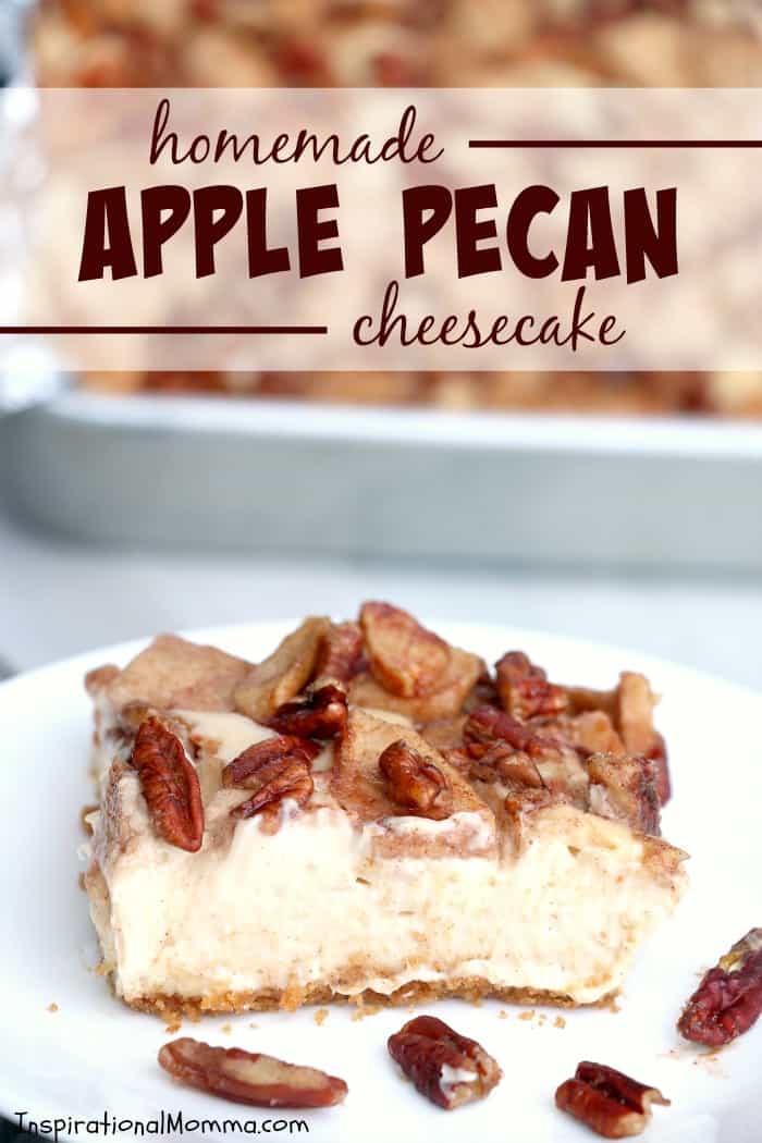 Homemade Apple Pecan Cheesecake is a decadent dessert that wll satisfy everyone's sweet tooth. Homemade, simple, and absolutely amazing! #inspirationalmomma #homemadeapplepecancheesecake #apple #pecan #cheesecake #homemade #baking #baking #dessert #desserts #autumn #fall