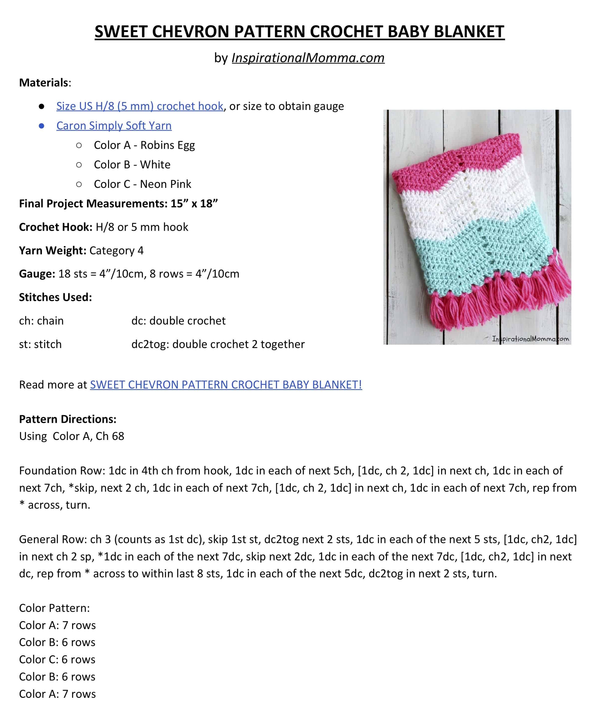 This Sweet Chevron Pattern Crochet Baby Blanket will help you create a perfect gift for someone special. Using simple crochet stitches, this pattern is great for beginning crocheters! #InspirationalMomma #CrochetBabyBlanket #BabyBlanket #Crochet #Blanket #FreePattern #Pattern #Handmade #Homemade #DIY