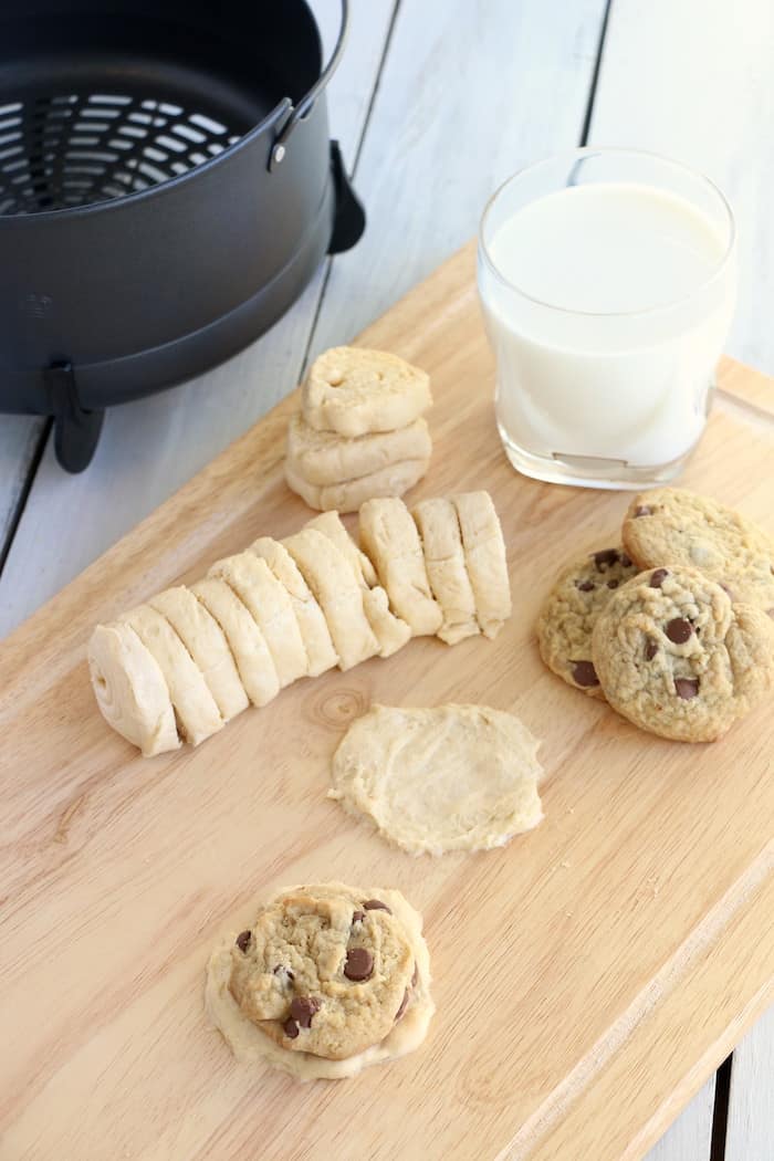 Air Fryer Fried Chewy Chocolate Chip Cookies are a sweet, delicous reason to love your air fryer. Crispy on the outside, warm and chewy on the inside. #inspirationalmomma #airfryer #chewychocolatechipcookies #chocolatechips #cookies #fried #dessert #desserts #recipe