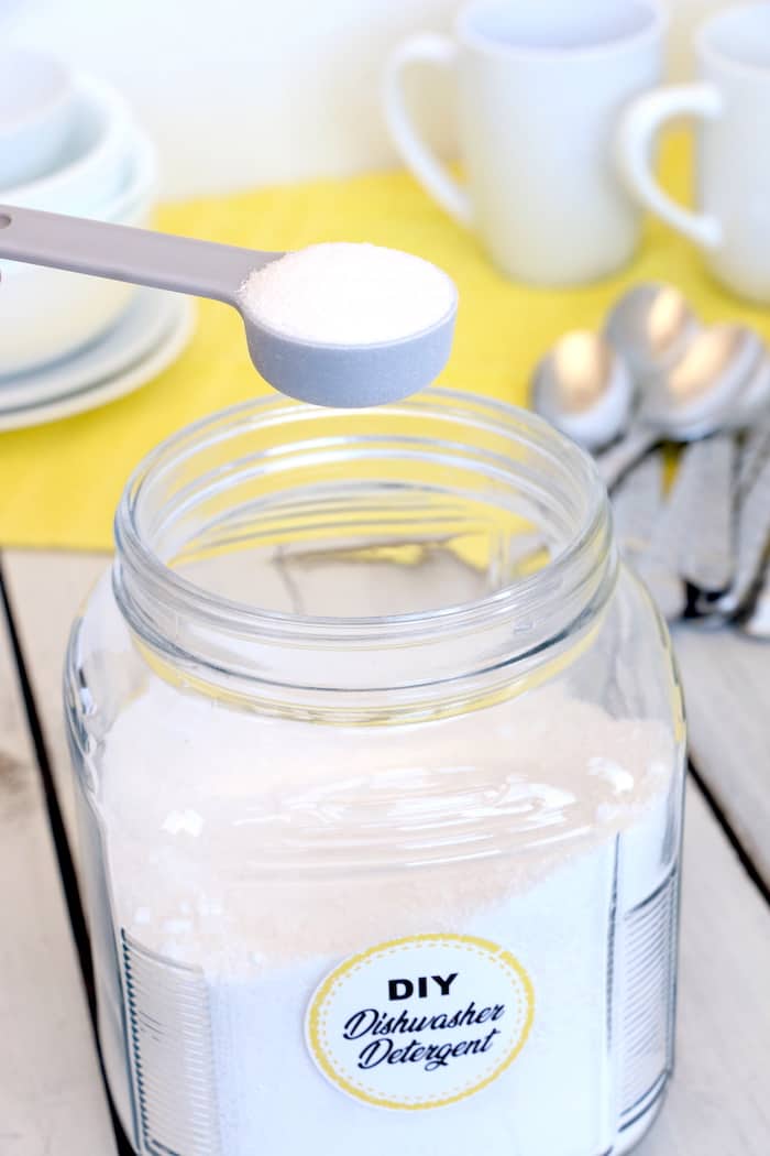 DIY Dishwasher Detergent will leave your dishes sparkly clean while saving you money. Homemade with just 4 ingredients, you will never use store-bought again! #inspirationalmomma #diydishwasherdetergent #dishwasher #detergent #diy #homemade #soap