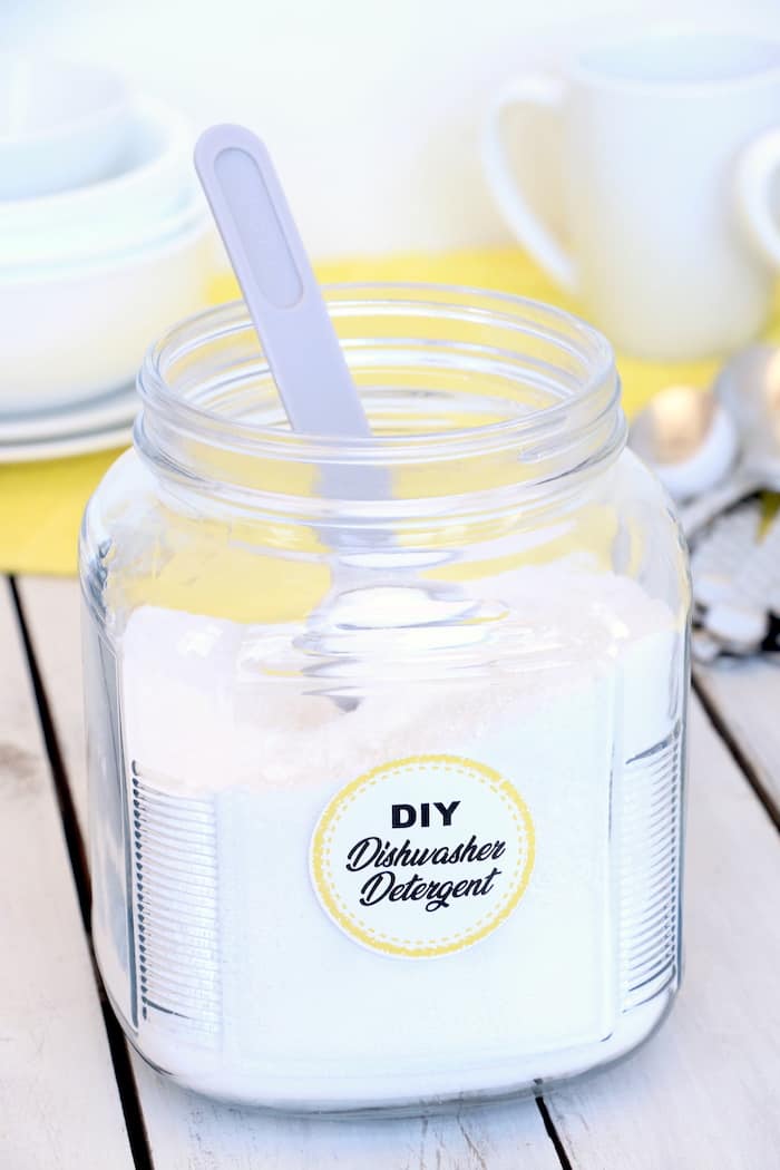 DIY Dishwasher Detergent will leave your dishes sparkly clean while saving you money. Homemade with just 4 ingredients, you will never use store-bought again! #inspirationalmomma #diydishwasherdetergent #dishwasher #detergent #diy #homemade #soap