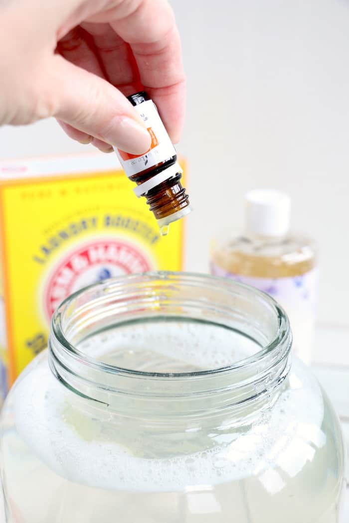 This Homemade Liquid Laundry Detergent will leave your clothes clean and smelling fresh while saving you money. Made with just 5 ingredients, it is so easy! #inspirationalmomma #homemadeliquidlaundrydetergent #laundrydetergent #homemade #diy #cleaning #cleaner #laundry #momonabudget