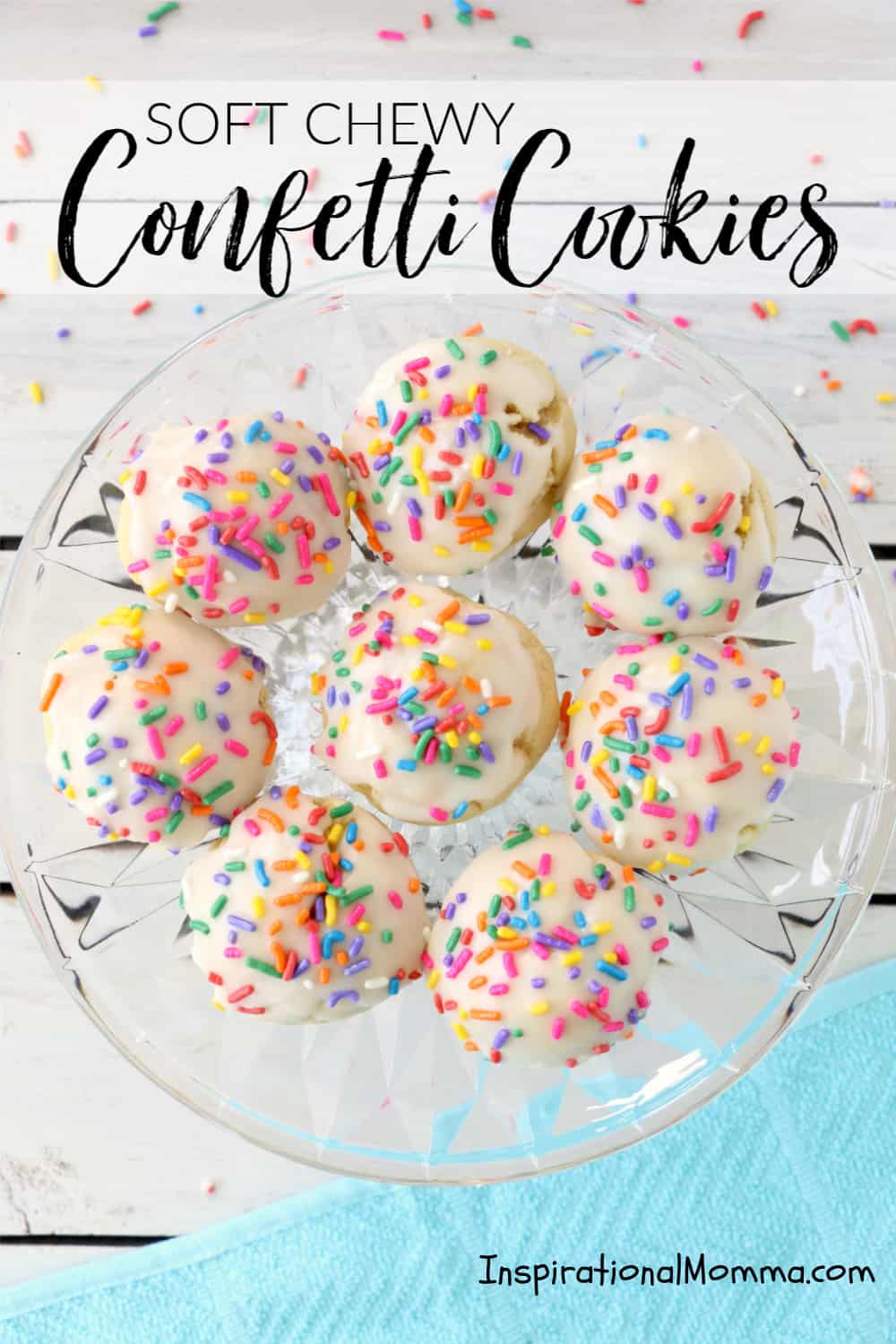 Soft Chewy Confetti Cookies are light, delicious and melt in your mouth. Covered with sweet icing and sprinkles, they are absolutely irresistible! #inspirationalmomma #confetticookies #cookies #softandchewy #recipe #dessert #desserts #cookie