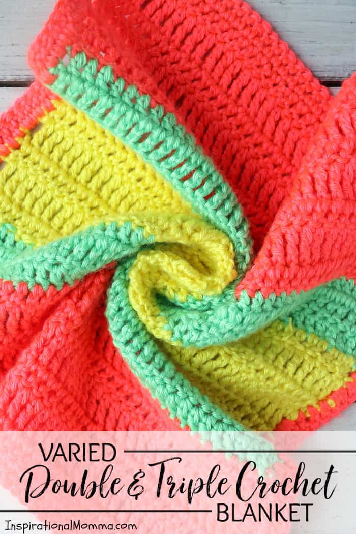 This Varied Double Crochet Triple Crochet Blanket is a perfect project for any crocheter. The stitches are simple and the colors are fun and vibrant! #InspirationalMomma #doublecrochet #triplecrochet #crochet #crochetpattern #freepattern