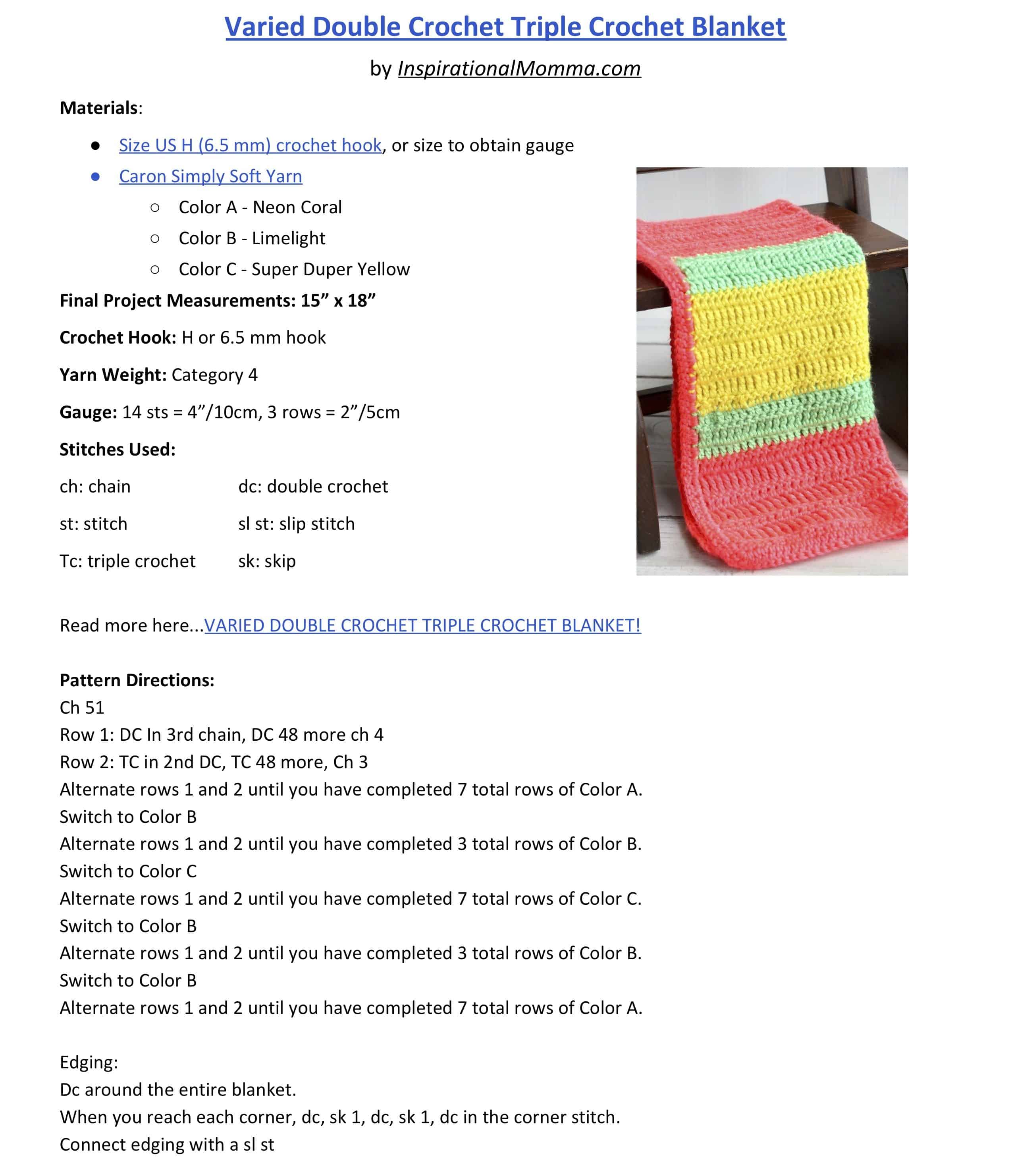 This Varied Double Crochet Triple Crochet Blanket is a perfect project for any crocheter. The stitches are simple and the colors are fun and vibrant! #InspirationalMomma #doublecrochet #triplecrochet #crochet #crochetpattern #freepattern
