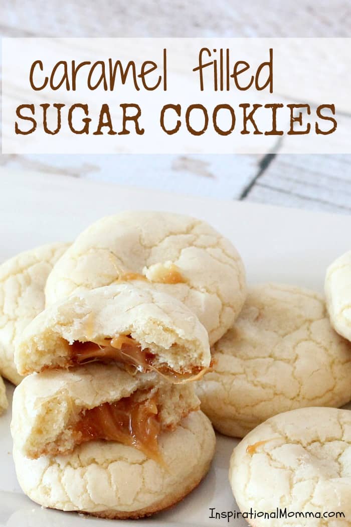 These Caramel Filled Sugar Cookies will melt in your mouth and blow your mind. The smooth caramel is the perfect surprise inside a soft, chewy cookie!