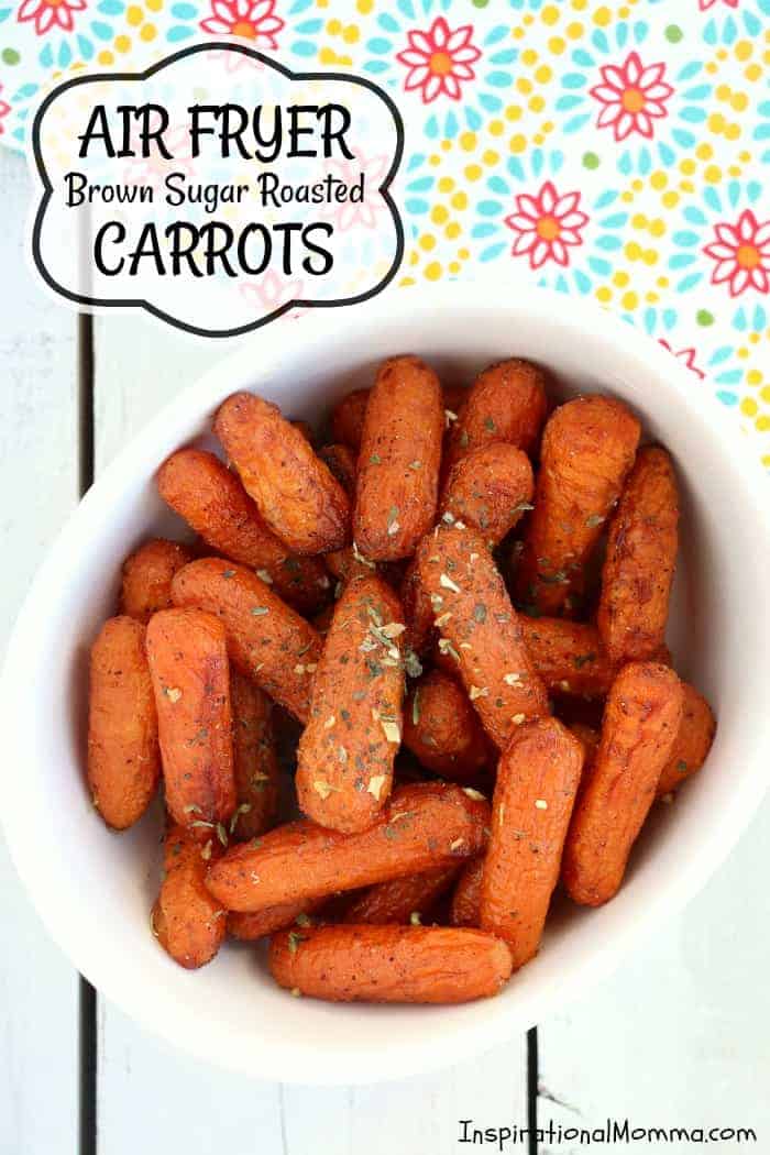 Air Fryer Brown Sugar Roasted Carrots are packed with delicious flavors! They are a tasty, easy vegetable side dish that will pair with any meal. #inspirationalmomma #airfryer #roastedcarrots #brownsugar #carrots #sidedish #veggies #vegetables #carrots