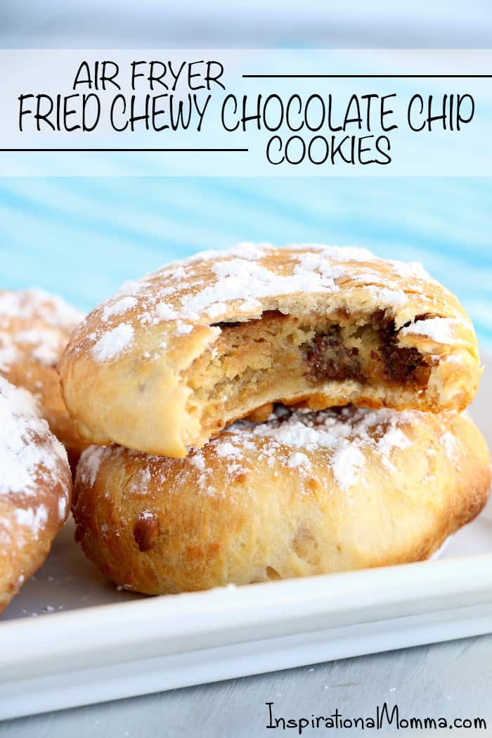 Air Fryer Fried Chewy Chocolate Chip Cookies are a sweet, delicous reason to love your air fryer. Crispy on the outside, warm and chewy on the inside. #inspirationalmomma #airfryer #chewychocolatechipcookies #chocolatechips #cookies #fried #dessert #desserts #recipe