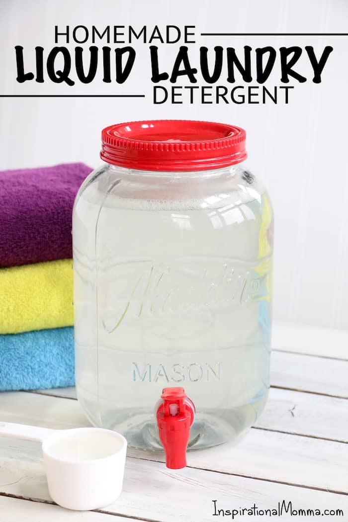 This Homemade Liquid Laundry Detergent will leave your clothes clean and smelling fresh while saving you money. Made with just 5 ingredients, it is so easy! #inspirationalmomma #homemadeliquidlaundrydetergent #laundrydetergent #homemade #diy #cleaning #cleaner #laundry #momonabudget