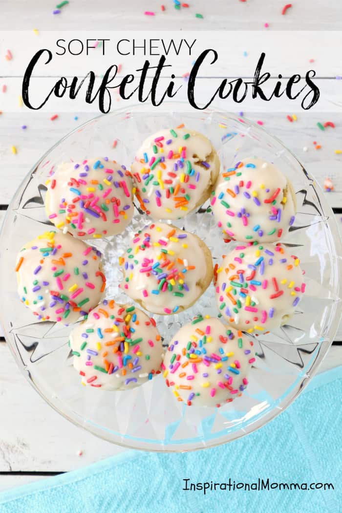 Soft Chewy Confetti Cookies are light, delicious and melt in your mouth. Covered with sweet icing and sprinkles, they are absolutely irresistible! #inspirationalmomma #confetticookies #cookies #softandchewy #recipe #dessert #desserts #cookie