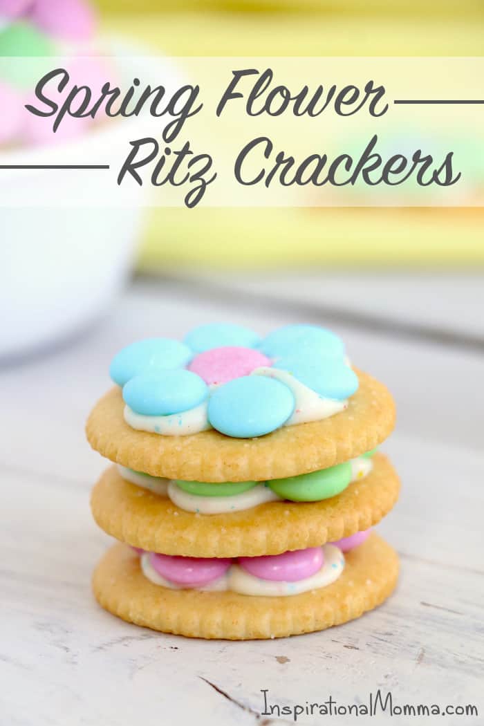 Spring Flower Ritz Cracker Recipe - Crispy Ritz Crackers covered with melted confetti white chocolate chips, and finally topped off with a gorgeous M&M flower. #inspirationalmomma #springtreats #springdesserts #eastertreats #easterdesserts #ritzcracker #m&ms #easydessert #quick #recipe #ritzcrackerrecipes