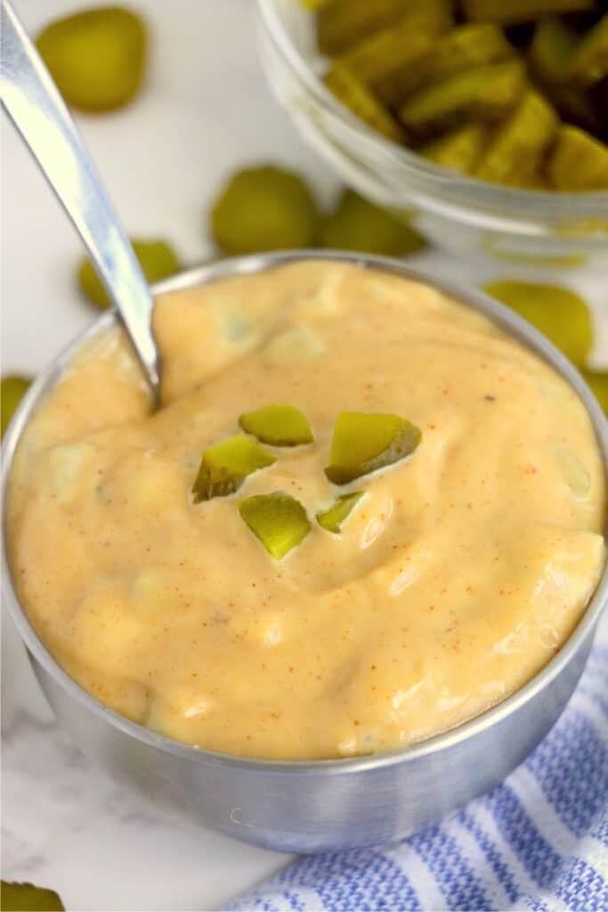 Closeup shot of bowlful of Big Mac sauce.