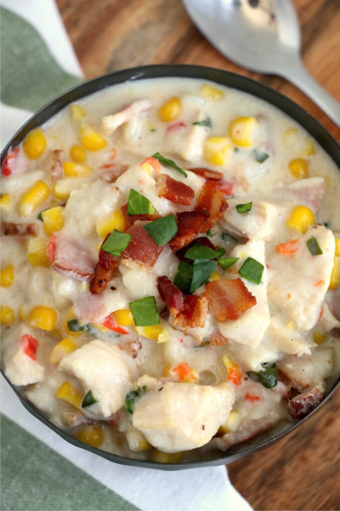 Closeup overhead shot of instant pot chicken corn chowder