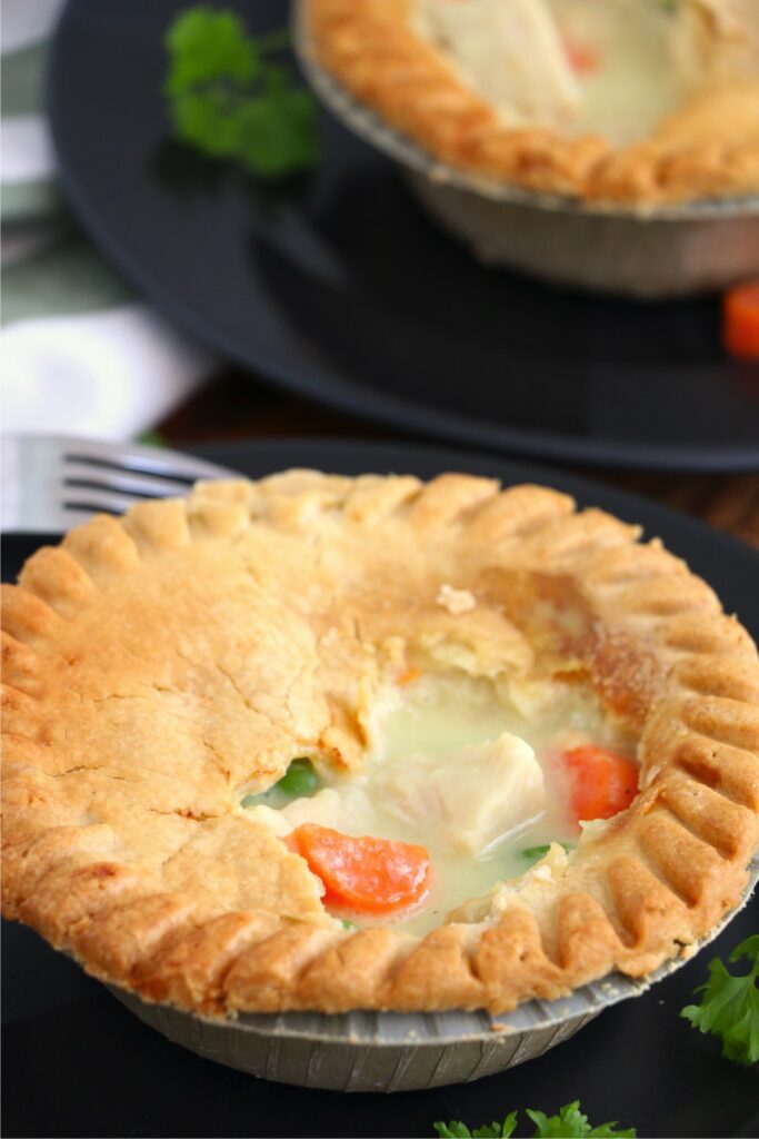 Closeup shot of air fryer frozen chicken pot pie on plate