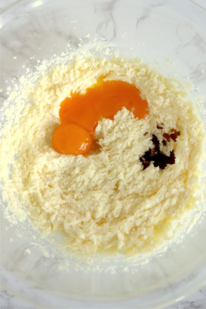 Overhead shot of sugar cookie ingredients in mixing bowl