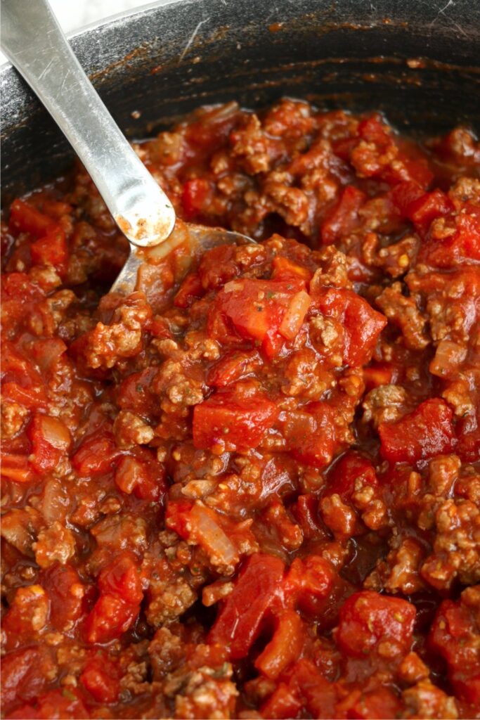 Closeup shot of school cafeteria spaghetti
