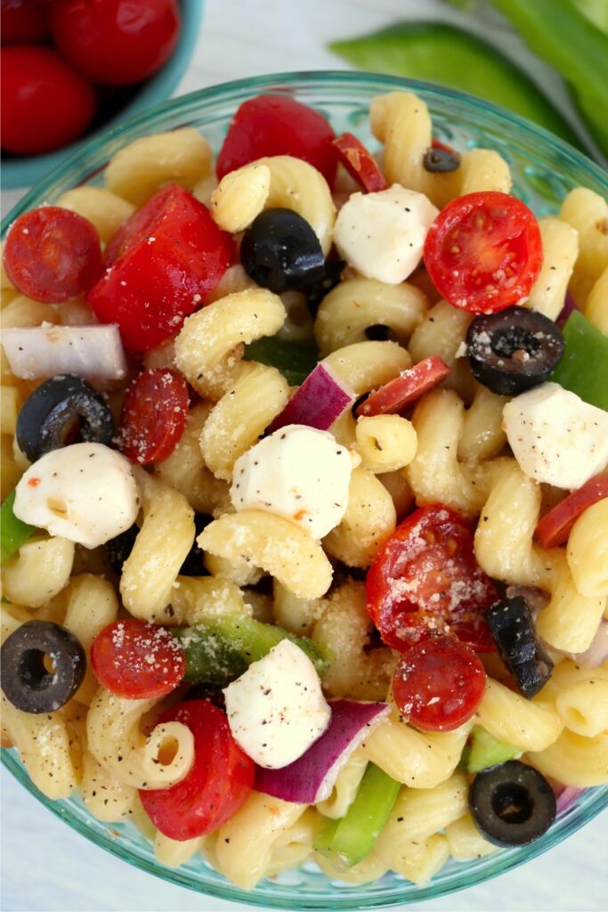 Closeup overhead shot of bowlful of pasta salad