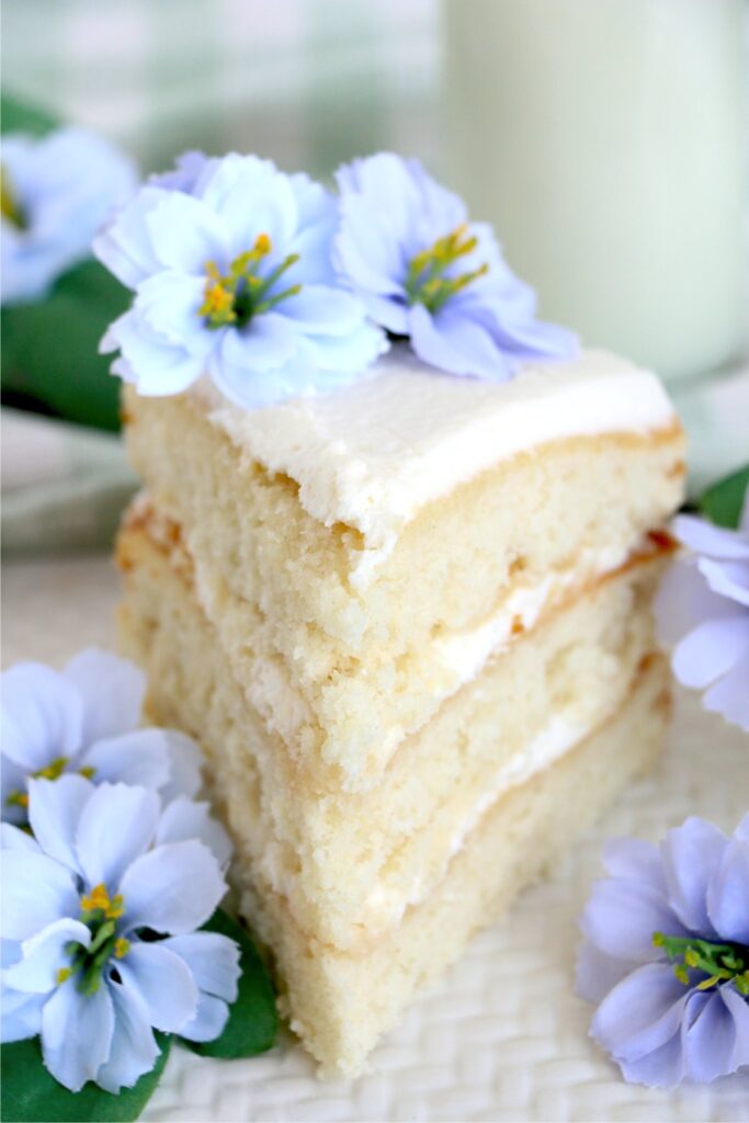 Closeup shot of slice of naked flower cake