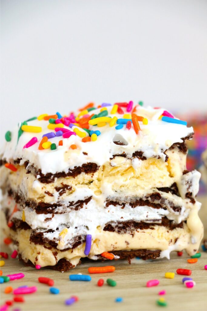 Closeup shot of slice of easy ice cream sandwich cake 