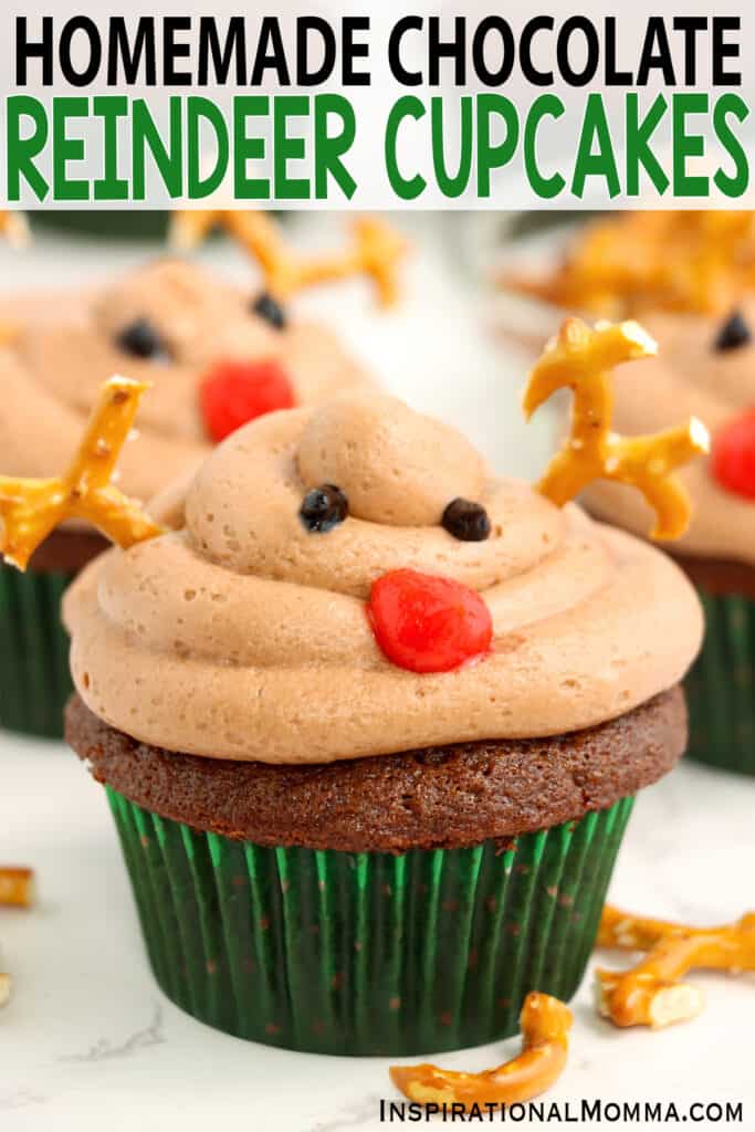 Closeup shot of homemade chocolate reindeer cupcakes.