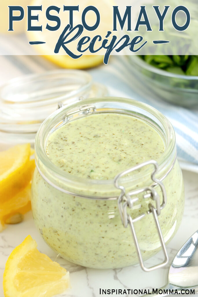 Closeup shot of pesto mayo  in glass jar