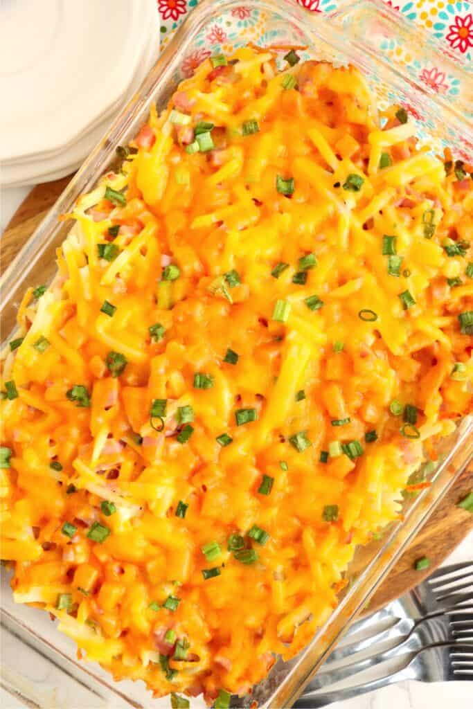 Overhead shot of baked ham and cheese hash brown casserole. 