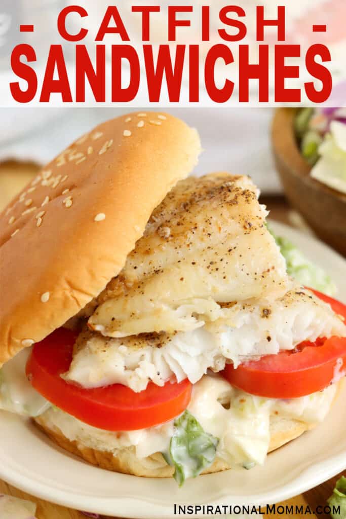 Closeup shot of catfish sandwich on plate. 