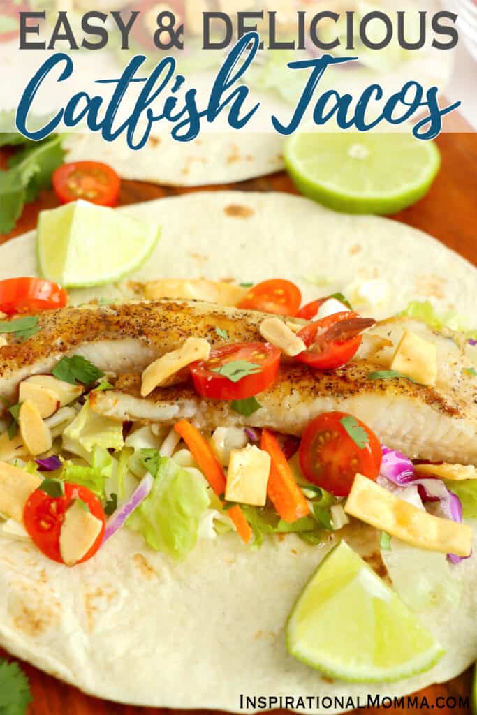 Closeu shot of open faced catfish taco. 
