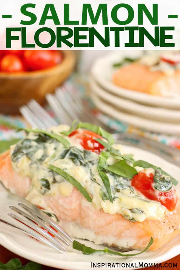 Closeup shot of plateful of salmon florentine.