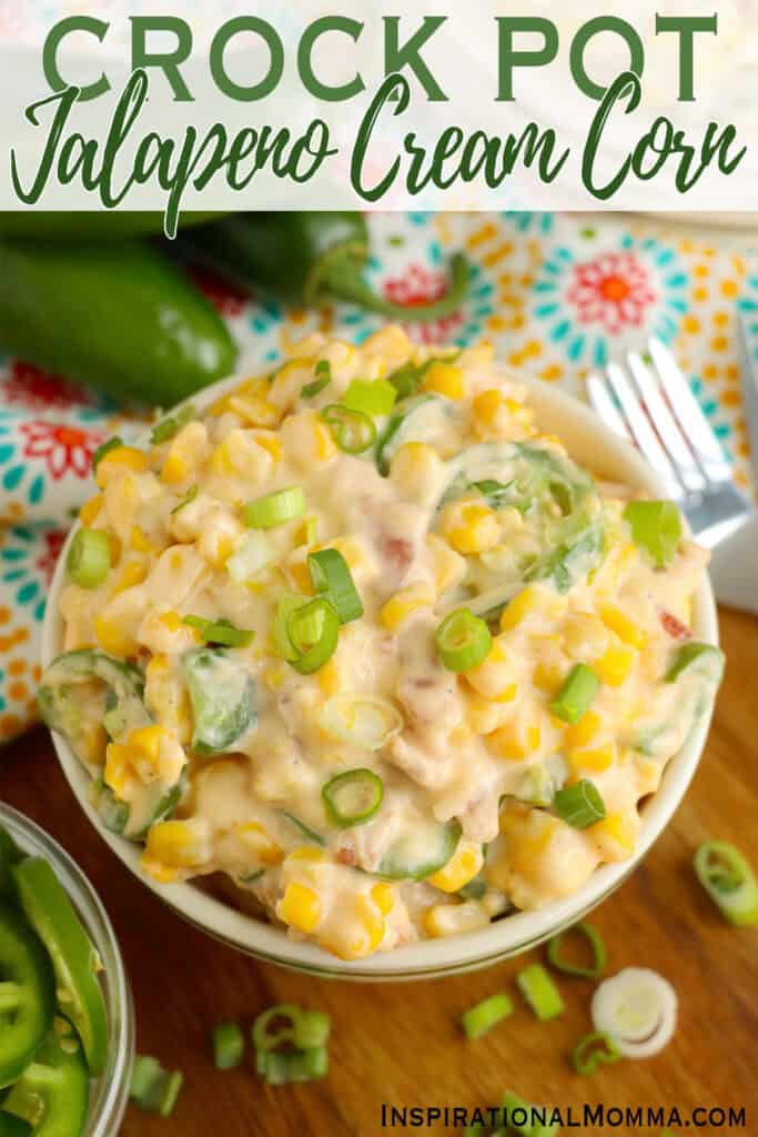 Overhead shot of bowlful of crock pot jalapeno cream corn. 