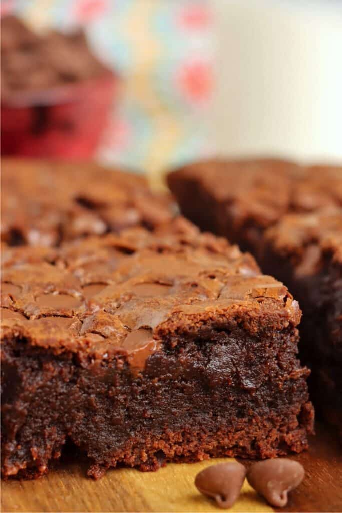 Closeup shot of chocolate chip brownie.