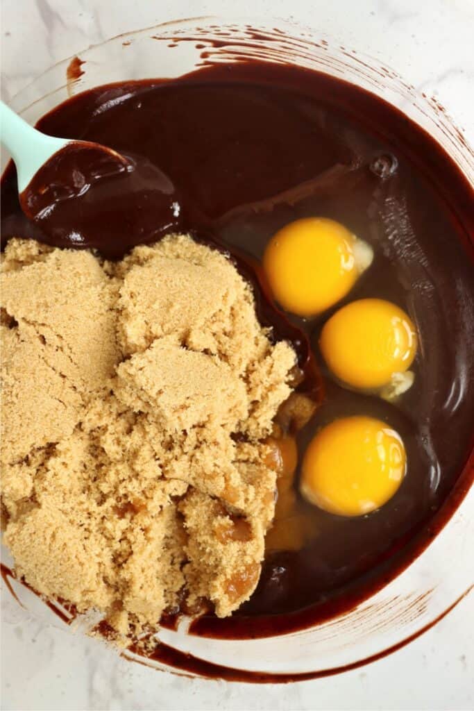 Chocolate mixture with brown sugar and eggs.