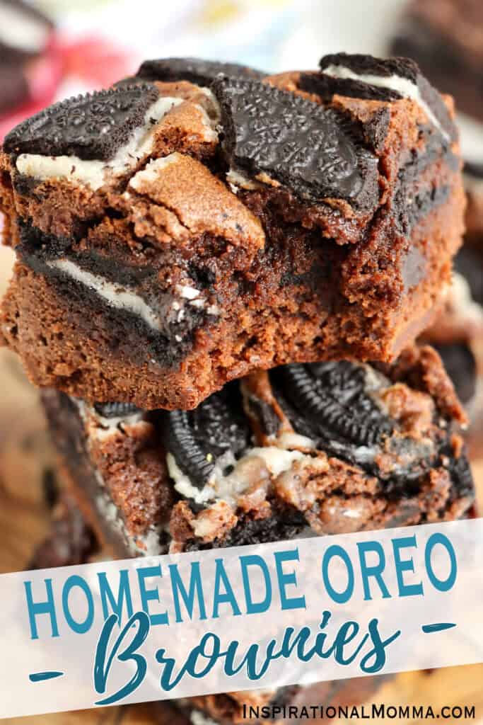 Closeup shot of stack of Oreo brownies.