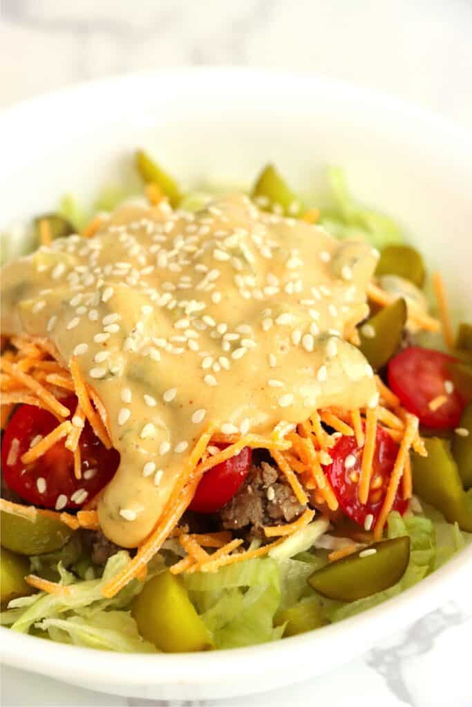 Closeup shot of Big Mac in a bowl.