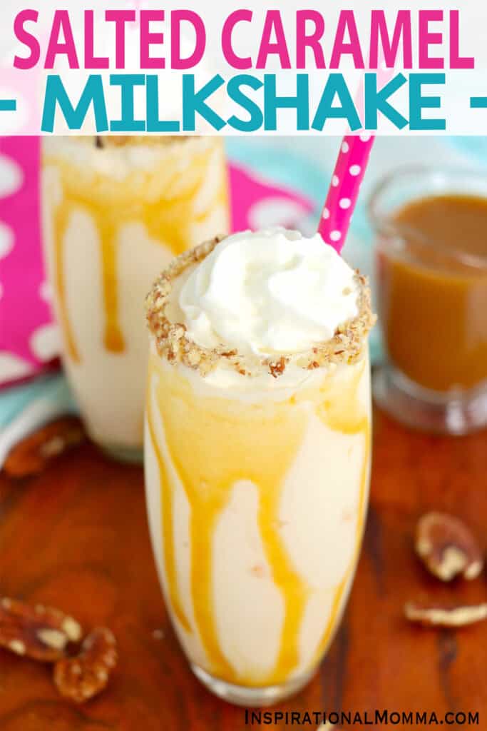 Salted caramel milkshake topped with whipped cream. 
